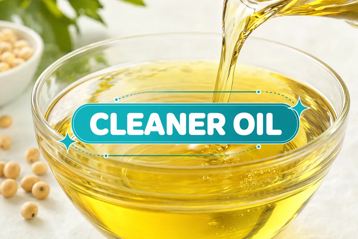 Clear golden soybean oil being poured into a glass bowl next to whole soybeans