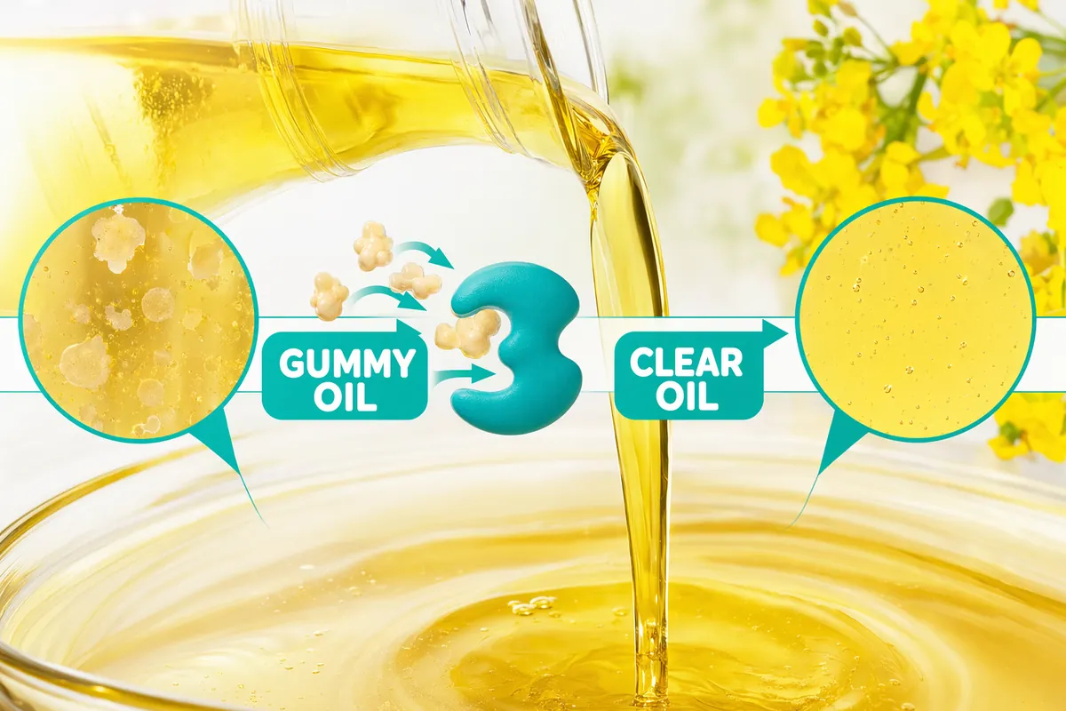 Diagram over a pour of golden vegetable oil: gum particles in crude oil on the left, an enzyme shape removing them, and clear oil on the right